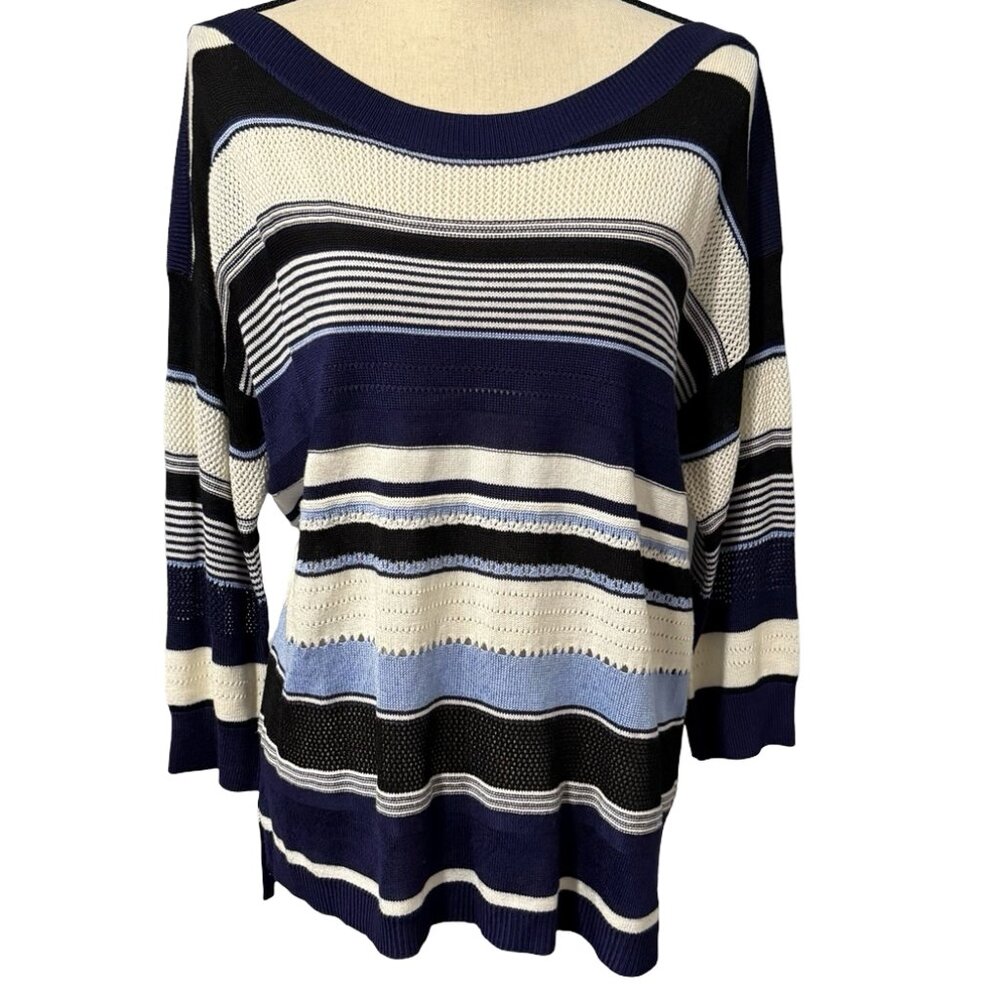 White House Black Market Blue, Cream & Black 3/4 Sleeve Striped Light Sweater